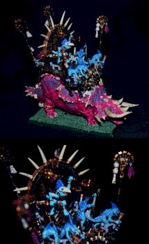 Pink Ancient Stegadon with Skink Priest by Alison Coates