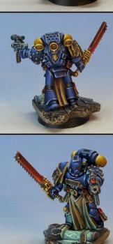 Ultramarine sergeant with chainsword and bolt pistol on sculpted base by Wappellious