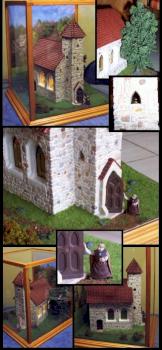 Rural, medieval church with monk and straying cat by DunErwit