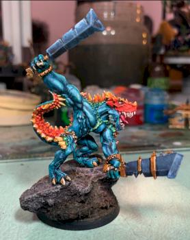 Saurus Oldblood about to whoop up on Nurgle's Plague Hosts by Nighbreeze
