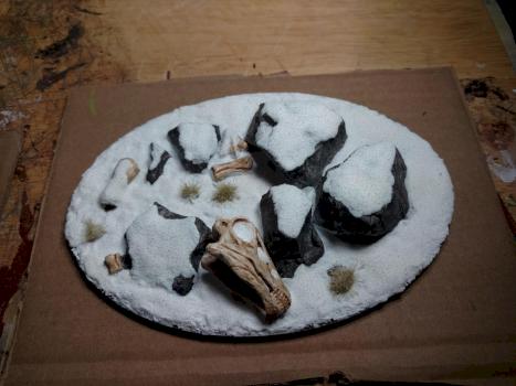 Winter/snow fantasy scenery with dinosaur skeleton and snow paste effects by Baranovich