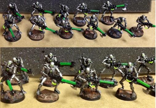 A squad of Necrons on post-apoc bases by Byteknight
