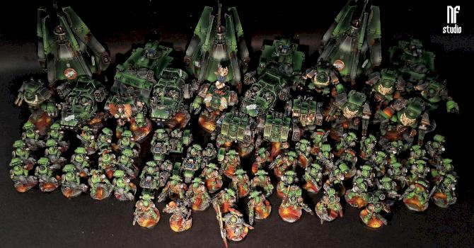 Space Marines Salamanders Army Tactical Marines Drop Pods Assault Bikes Rhinos Contemptor Dreadnough by NeonForgeStudio