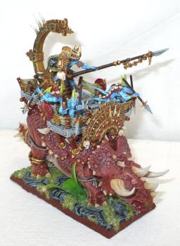 Skink Chief with warspear on Ancient Stegadon by vonzembol