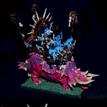 Pink Ancient Stegadon with Skink Priest by Alison Coates