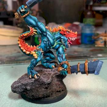Saurus Oldblood about to whoop up on Nurgle's Plague Hosts by Nighbreeze