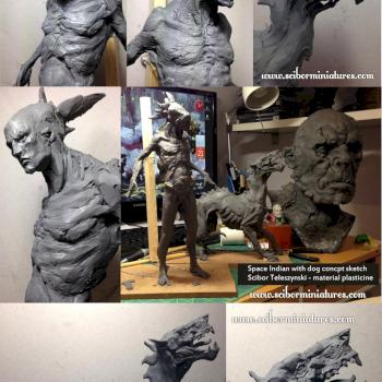 Space Indian with dog concept, plasticine sketch by Scibor