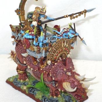 Skink Chief with warspear on Ancient Stegadon by vonzembol